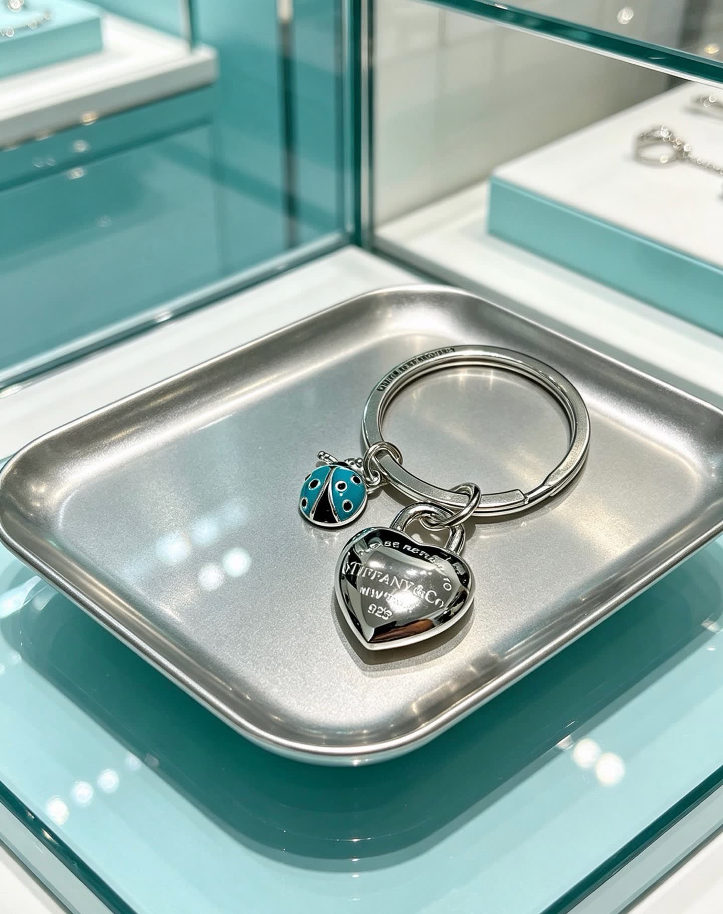 Tiffany & Co. Blue Enamel Ladybug and Heart Key Ring